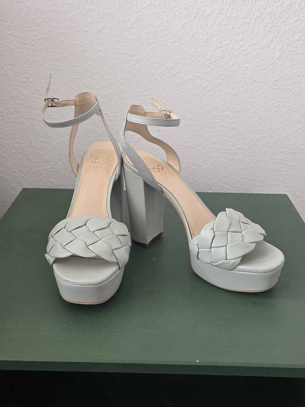 Vince Camuto Pale Gray Braided Platform Ankle-Strap Heels